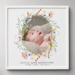 Wildflowers & Butterflies Birth Announcement Peel And Stick Photo Tile