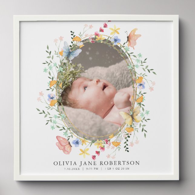 Wildflowers & Butterflies Birth Announcement Peel And Stick Photo Tile (Front Set)
