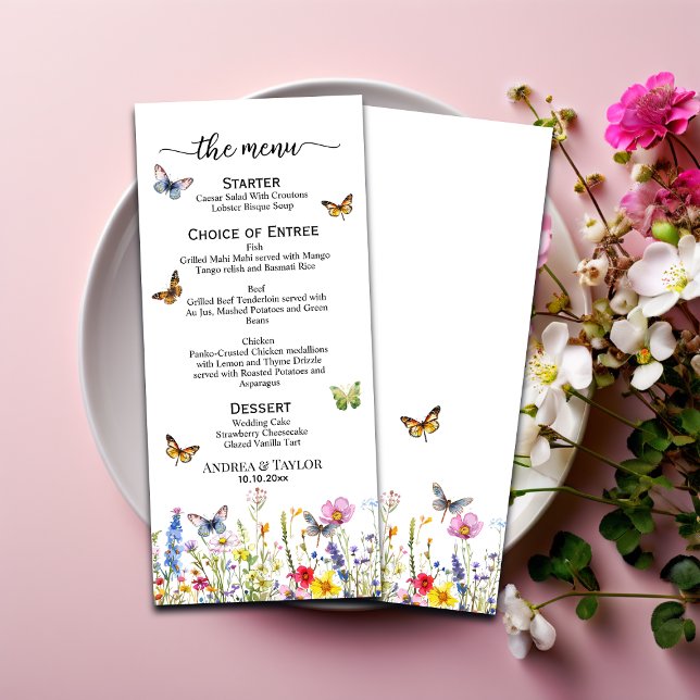 Wildflowers Butterflies Elegant 4x9'' Wedding Menu (Creator Uploaded)