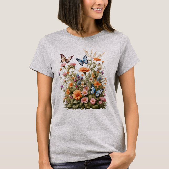 Wildflowers Butterflies Flower Garden Watercolor  T-Shirt (Front)