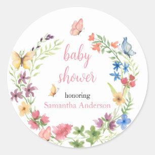 Wildflowers Butterflies Watercolor Baby Shower Classic Round Sticker