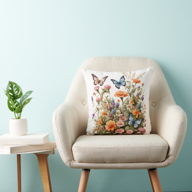 Wildflowers Butterflies Watercolor Garden Flowers Throw Pillow (Chair)