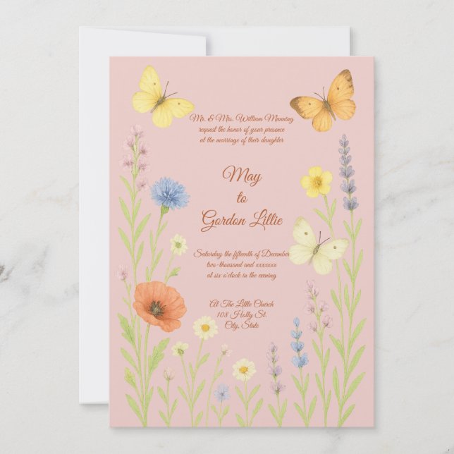 Wildflowers & Butterflies Watercolor Style Wedding Invitation (Front)