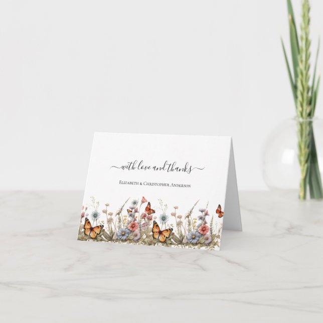 Wildflowers Butterflies Wedding Bridal Shower Baby Thank You Card (Front)