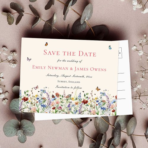 Wildflowers  Butterflies Wedding Save the Date Postcard