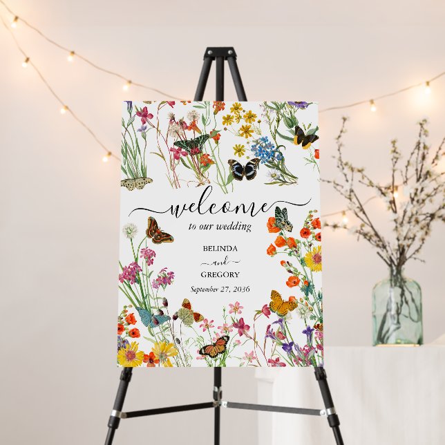 Wildflowers Butterflies Wedding Welcome Sign (In Situ (Stand))