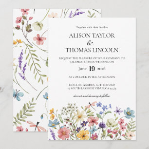 Wildflowers butterfly and dragonfly Wedding  Invitation