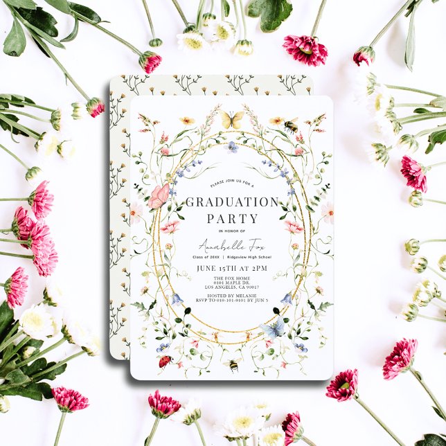 Wildflowers Butterfly Bee Watercolor Graduation Invitation (Creator Uploaded)