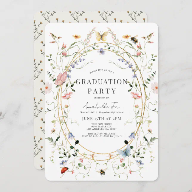 Wildflowers Butterfly Bee Watercolor Graduation Invitation | Zazzle