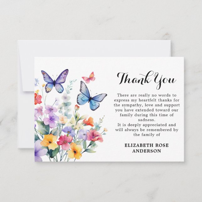 Wildflowers Butterfly Modern Memorial Funeral  Thank You Card (Front)