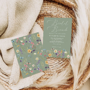 Wildflowers & Butterfly Sage Green Bridal Brunch Invitation