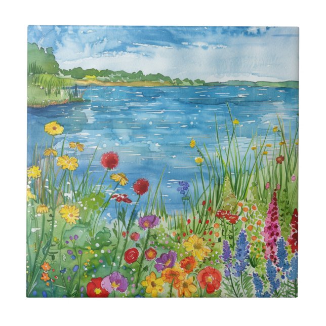 Wildflowers by a Lake Ceramic Tile (Front)