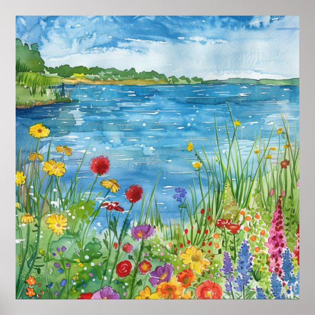 Wildflowers by a Lake Poster (Front)