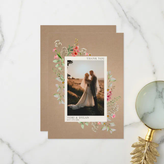 Wildflowers Cardstock Boho Botanical Wedding Photo Thank You Card | Zazzle