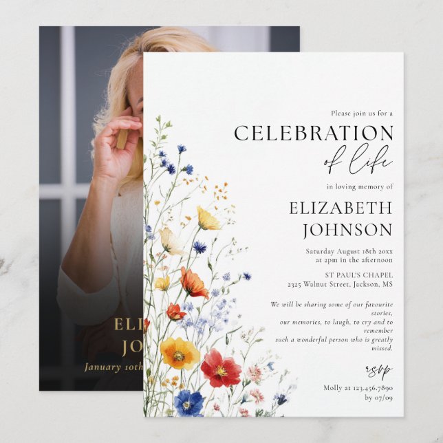 Wildflowers Celebration of Life Funeral Photo Invitation (Front/Back)
