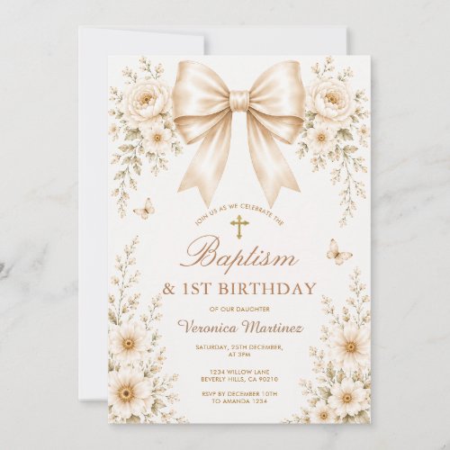 Wildflowers Champagne Bow Baptism &amp; First Birthday Invitation
