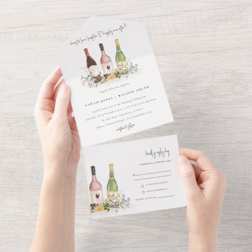Wildflowers Cheers to Love Wine Bottles Wedding All In One Invitation