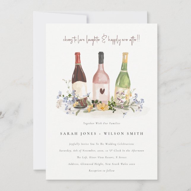 Wildflowers Cheers to Love Wine Bottles Wedding Invitation (Front)