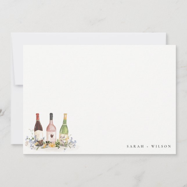 Wildflowers Cheers to Love Wine Bottles Wedding Note Card (Front)
