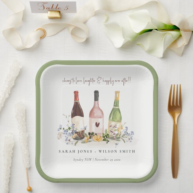 Wildflowers Cheers to Love Wine Bottles Wedding Paper Plates (Wedding)