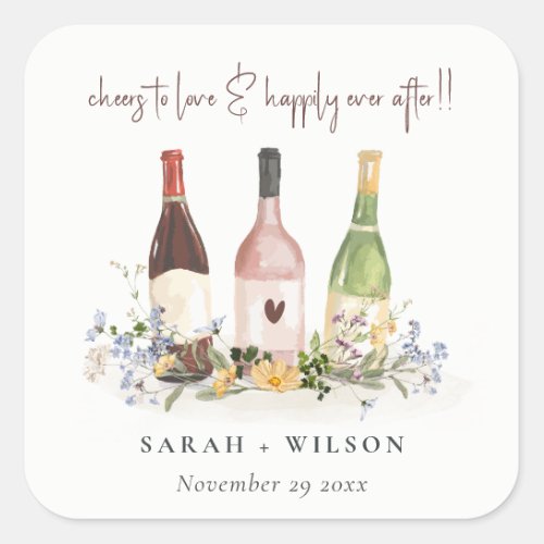 Wildflowers Cheers to Love Wine Bottles Wedding Square Sticker