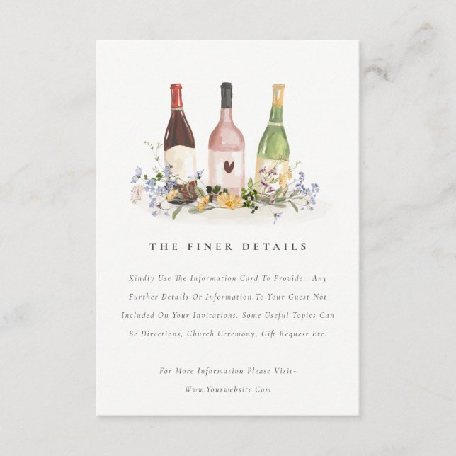 Wildflowers Cheers Wine Bottles Wedding Details Enclosure Card (Front)