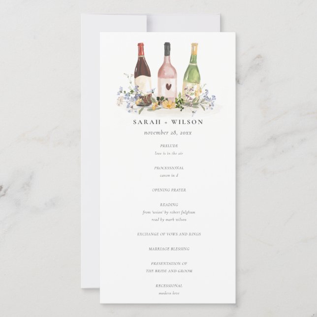 Wildflowers Cheers Wine Bottles Wedding Program (Front)