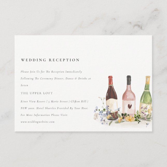 Wildflowers Cheers Wine Bottles Wedding Reception Enclosure Card (Front)
