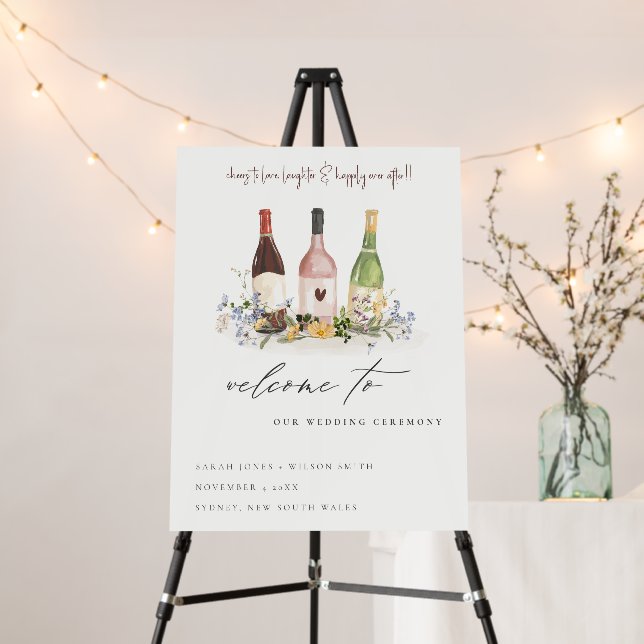 Wildflowers Cheers Wine Bottles Wedding Welcome Foam Board (In Situ (Stand))