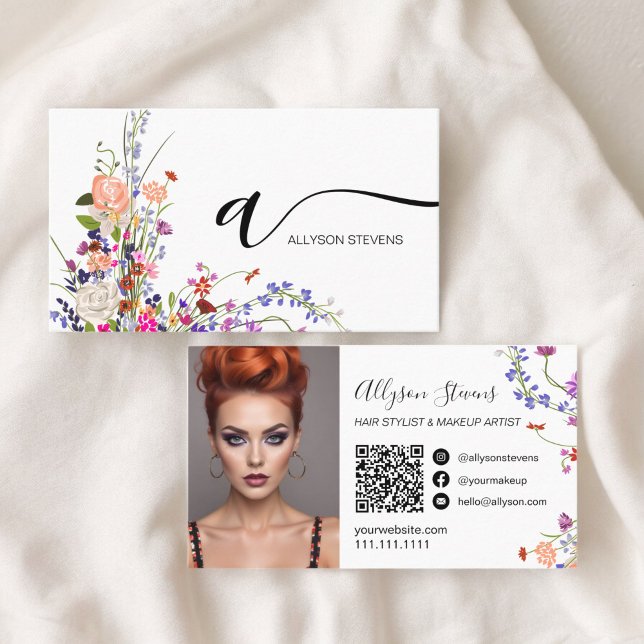 Wildflowers chic hair makeup photo initial qr code business card (Wildflowers chic hair makeup photo initial qr code business card)