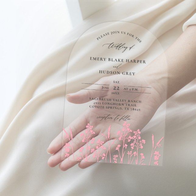 Wildflowers Chic Pink Modern Arch Clear Wedding Acrylic Invitations (clear wedding invitation acrylic boho arch wildflowers sketch pink garden modern calligraphy)