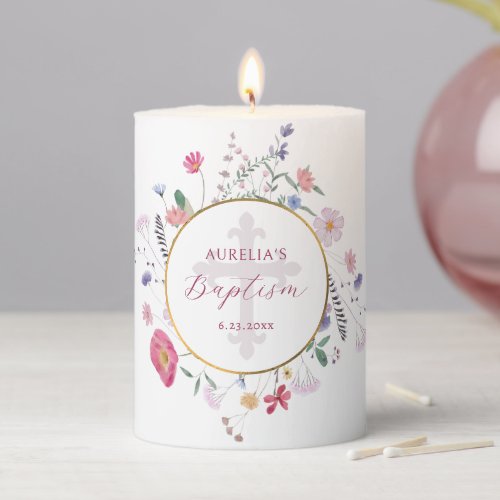 Wildflowers Circle Baptism Pillar Candle