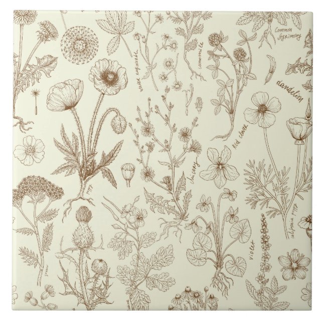 Wildflowers collage/ beige and sepia ceramic tile (Front)