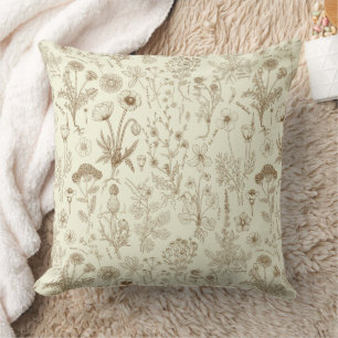 Wildflowers collage/ beige and sepia throw pillow