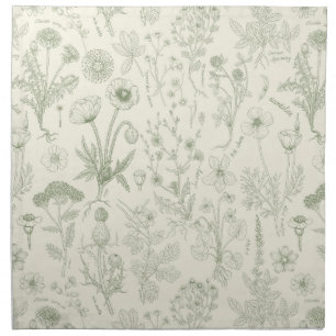 Wildflowers collage/ off white and sage cloth napkin