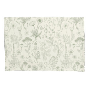 Wildflowers collage/ off white and sage pillow case