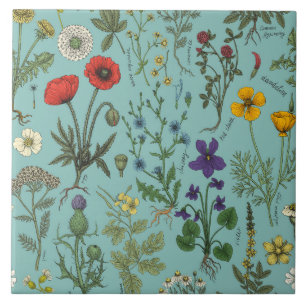 Wildflowers collage on blue ceramic tile