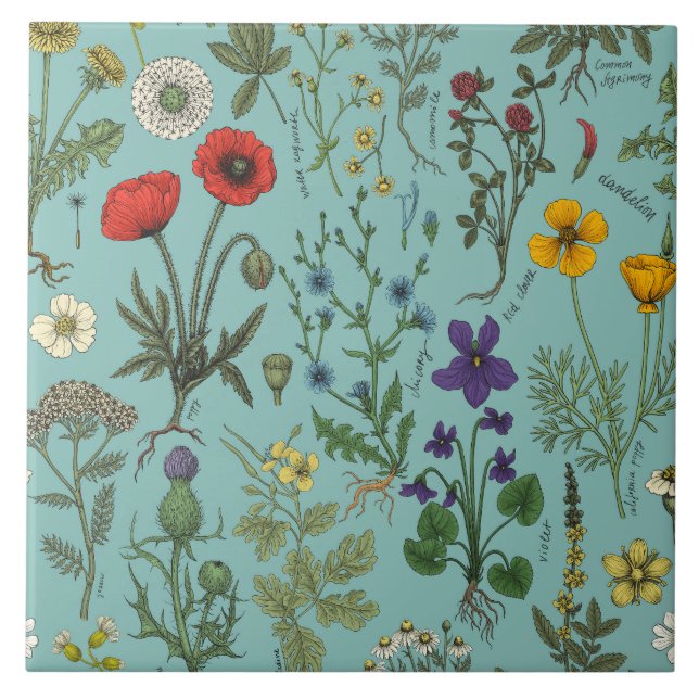 Wildflowers collage on blue ceramic tile (Front)