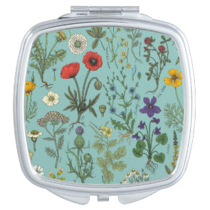Wildflowers collage on blue compact mirror