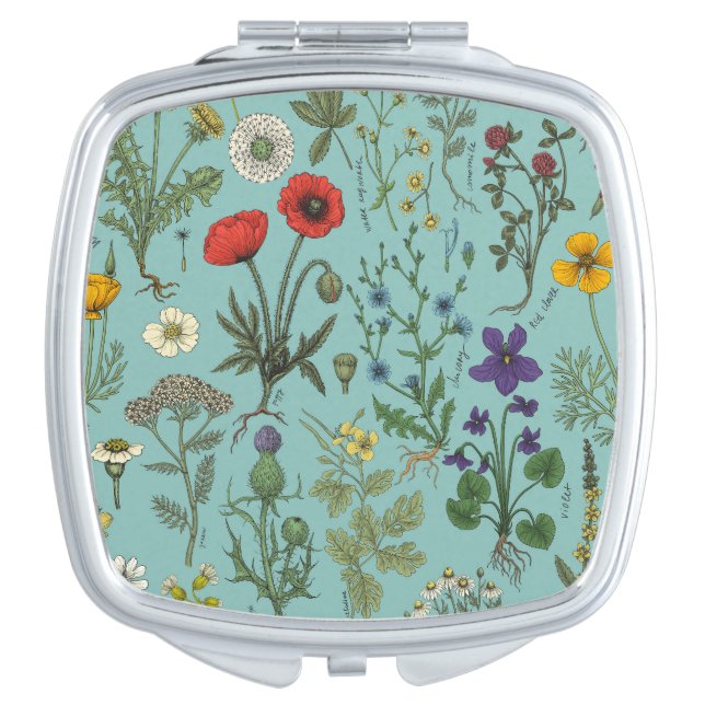 Wildflowers collage on blue compact mirror (Front)
