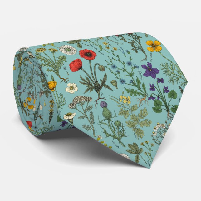 Wildflowers collage on blue neck tie (Rolled)