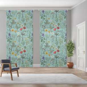 Wildflowers collage on blue sheer curtains