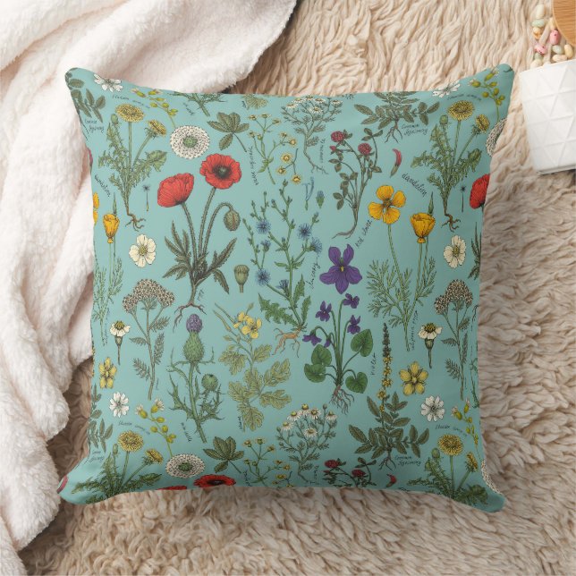 Wildflowers collage on blue throw pillow (Blanket)