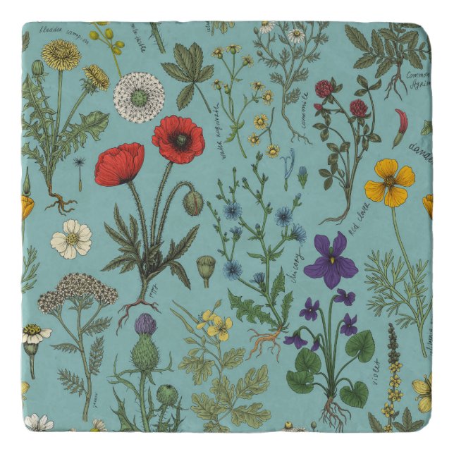 Wildflowers collage on blue trivet (Front)
