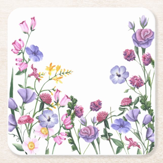 Wildflowers Colorful Cheerful Garden Flowers Square Paper Coaster (Front)