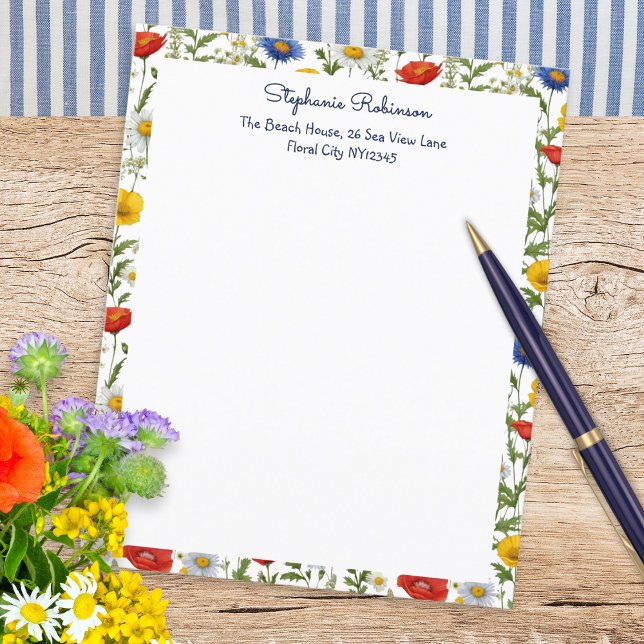 Wildflowers Colorful Floral Border Paper (Beautiful writing paper, personalized with name and address, with a colorful border of wildflowers)
