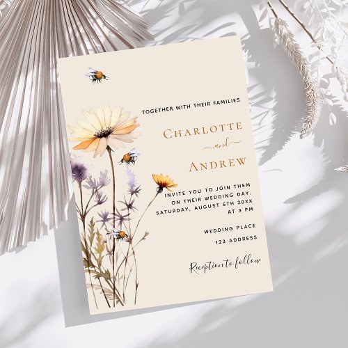 Wildflowers country yellow beige wedding invitation