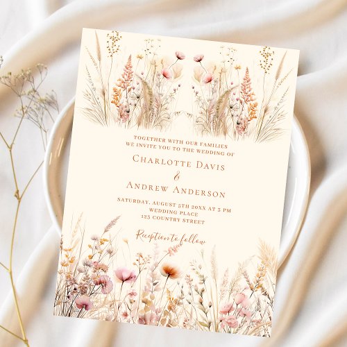 Wildflowers cream boho budget wedding invitation