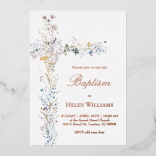 wildflowers cross Baptism Foil Invitation