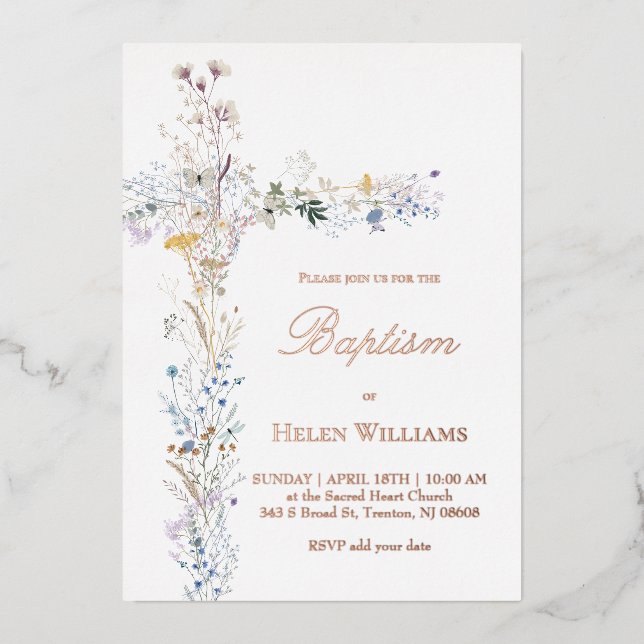 wildflowers cross Baptism Foil Invitation (Front)